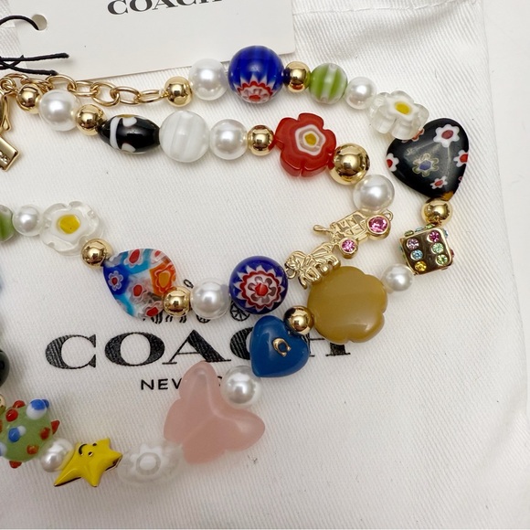 Coach Beaded Charm Necklace Millefiori Glass Art Faux Pearl Rhinestones NEW - Picture 3 of 7